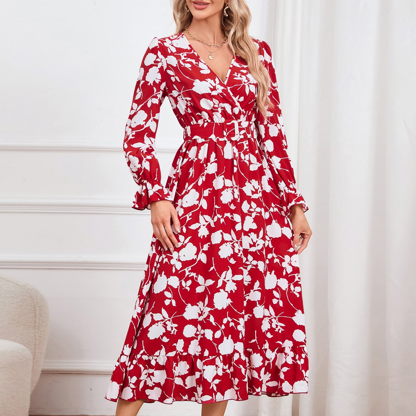 Retro V-neck Printed Dress