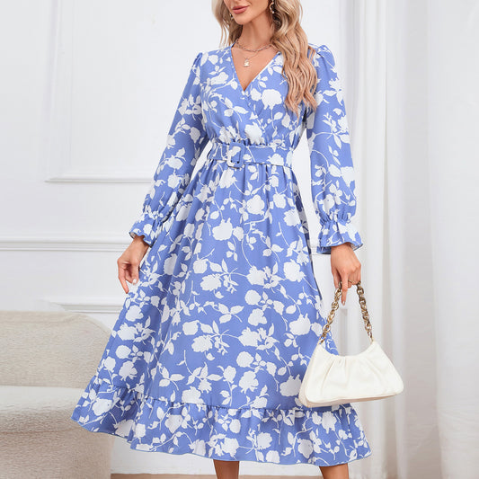 Retro V-neck Printed Dress