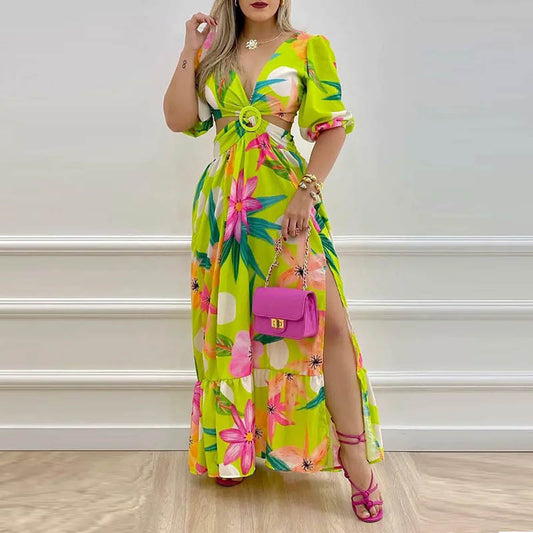 V-neck Split  Printing Long Dress