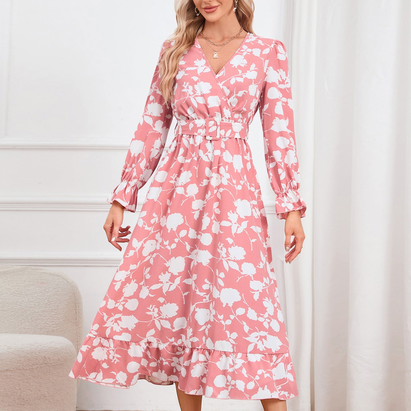 Retro V-neck Printed Dress